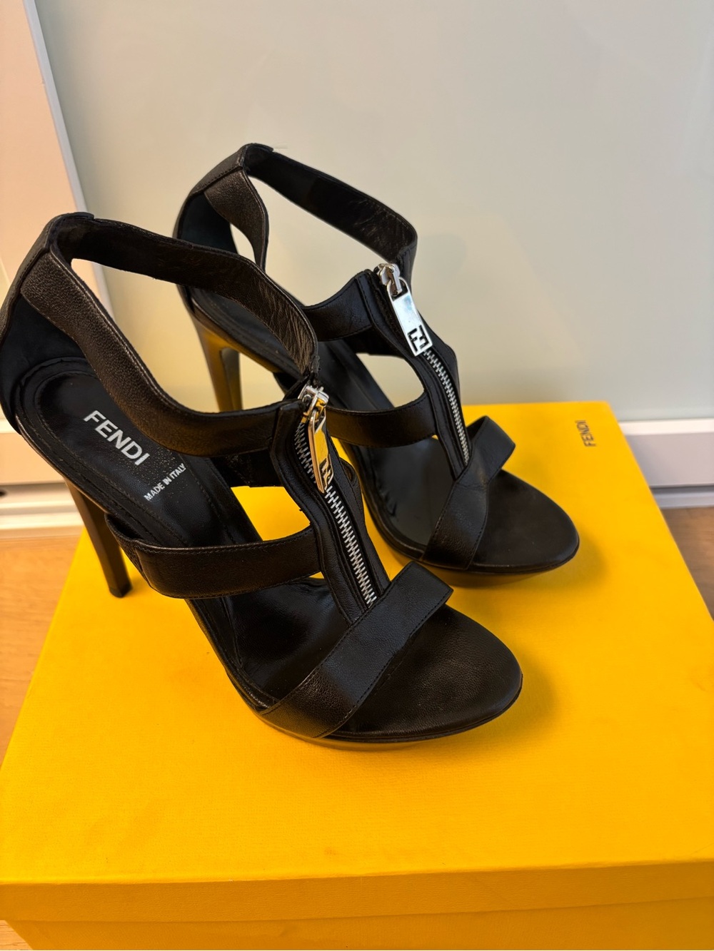 Fendi Black Leather Zipper T-Strap Stiletto Sandals